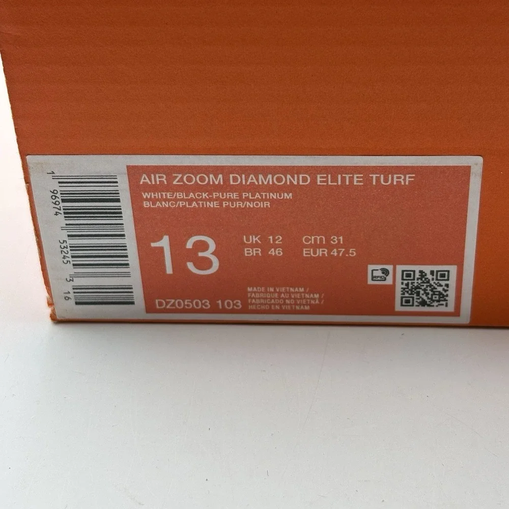 Nike Air Zoom Diamond Elite Turf Dz0503-103 Men's 13 White Baseball Shoes‎